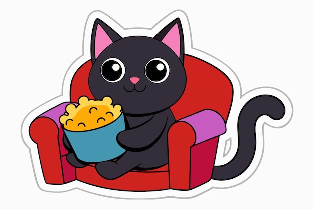 Cute cat sitting on a sofa holding a popcorn R