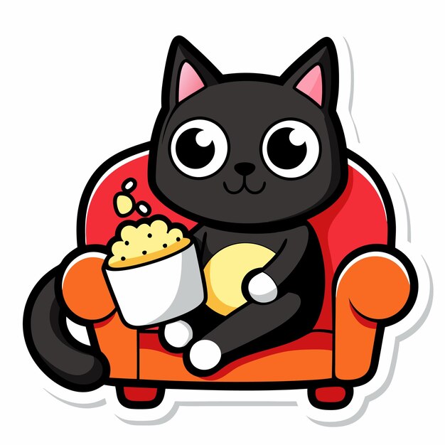 Vector a cute cat sitting on a sofa holding a popcorn in solid background