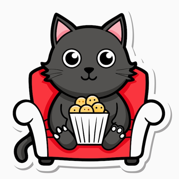 a cute cat sitting on a sofa holding a popcorn in solid background