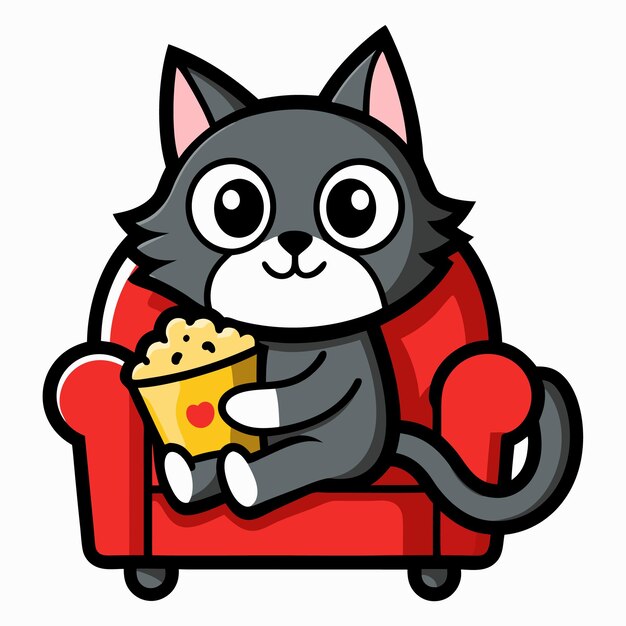 Vector a cute cat sitting on a sofa holding a popcorn in solid background