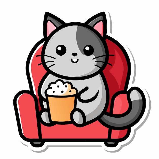 a cute cat sitting on a sofa holding a popcorn in solid background