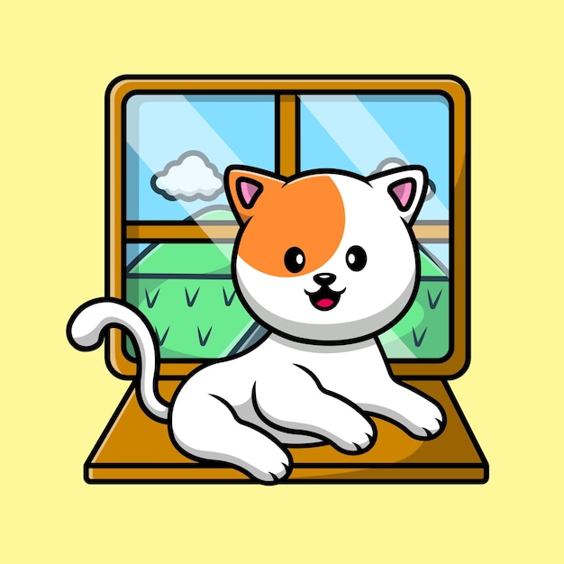 Cute Cat Sitting On Window Cartoon Vector Icon Illustration