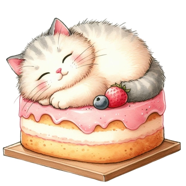 Cute cat sleeping on cake clipart watercolor