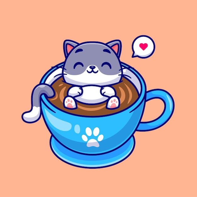 Cute Cat Sleeping In Coffee Cup Cartoon Vector Icon Illustration. Animal Drink Icon Concept Isolated Premium Vector. Flat Cartoon Style