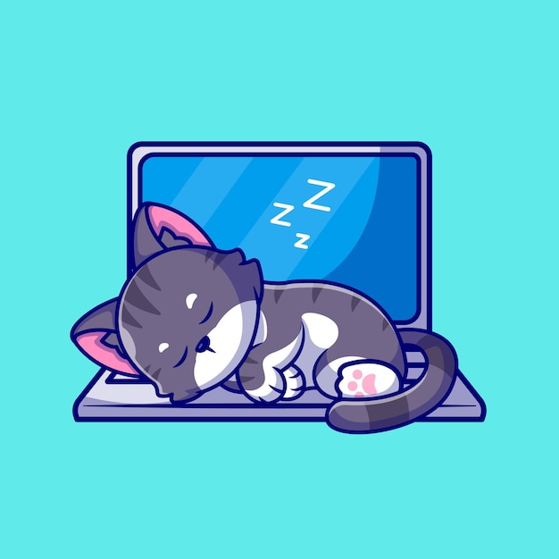 Cute Cat Sleeping On Laptop Cartoon Icon Illustration.