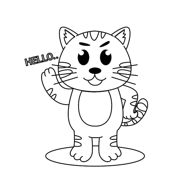 Cute cat standing outline children's coloring book black line sketch book on white background