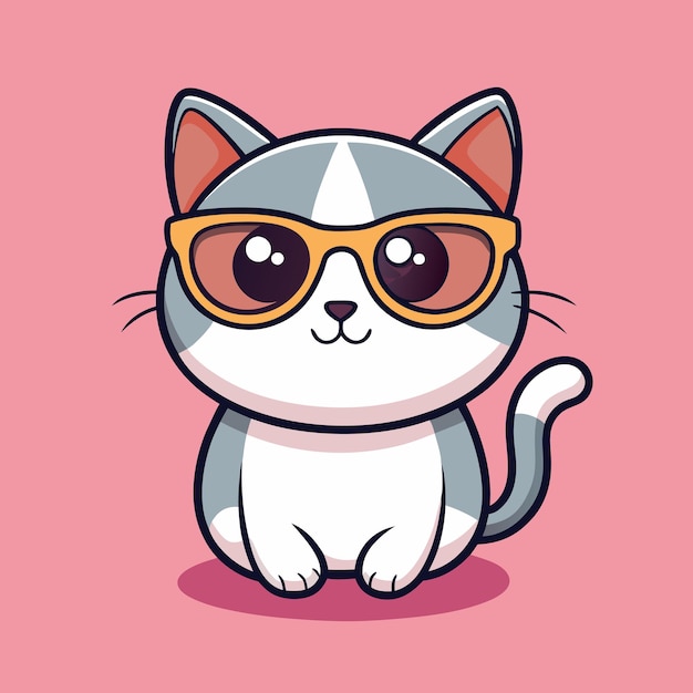 Cute cat in sunglasses flat cartoon design pink background vector graphic tshirt print