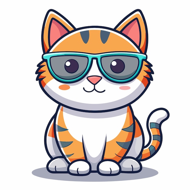 Cute cat in sunglasses flat cartoon design pink background vector graphic tshirt print