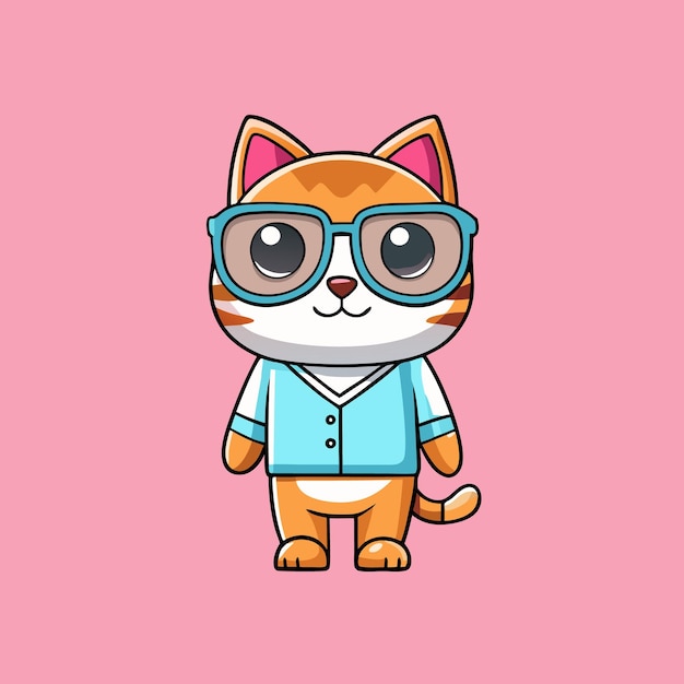 Vector cute cat in sunglasses flat cartoon design pink background vector graphic tshirt print