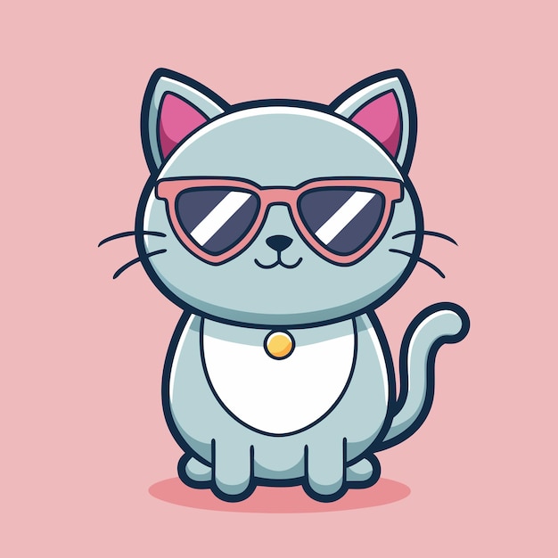 Cute cat in sunglasses flat cartoon design pink background vector graphic tshirt print