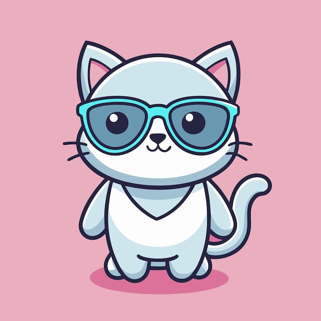 Cute cat in sunglasses flat cartoon design pink background vector graphic tshirt print