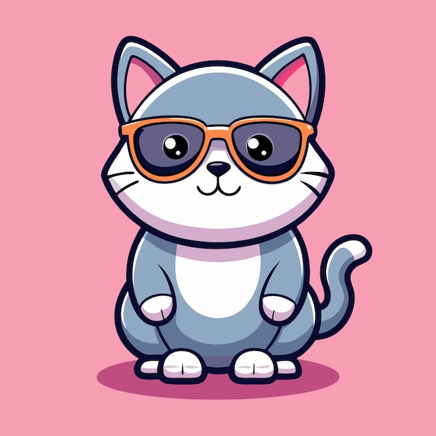 Cute cat in sunglasses flat cartoon design pink background vector graphic tshirt print