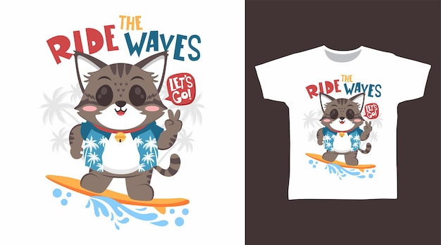 Vector cute cat surfer tshirt art fashion design