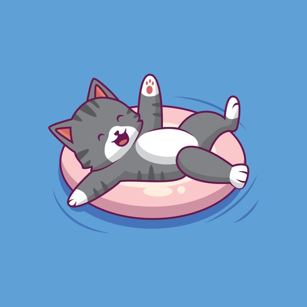 Vector cute cat swimming with balloon cartoon illustration