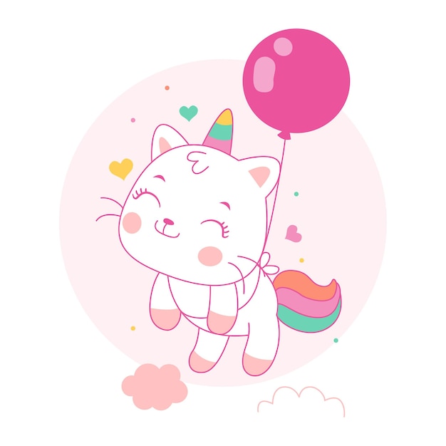 Cute cat unicorn cartoon fly with balloons kawaii style