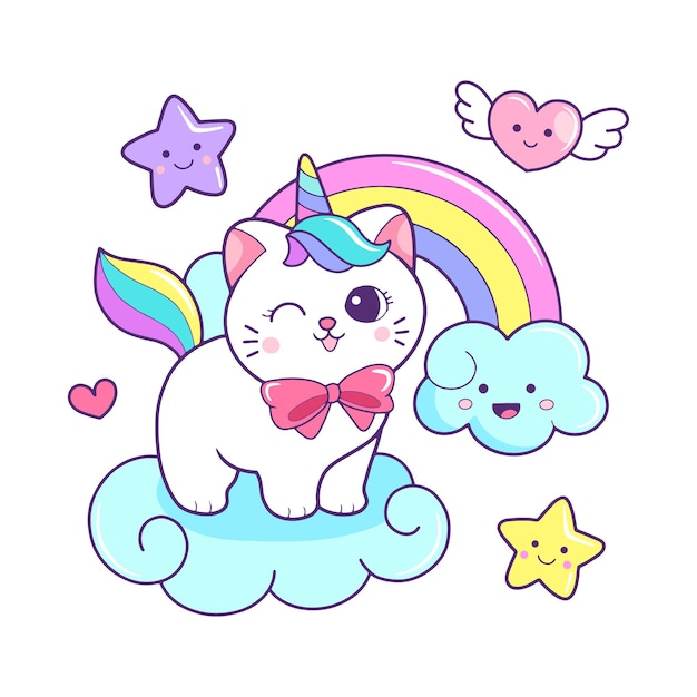 Cute cat unicorn and rainbow cartoon vector illustration