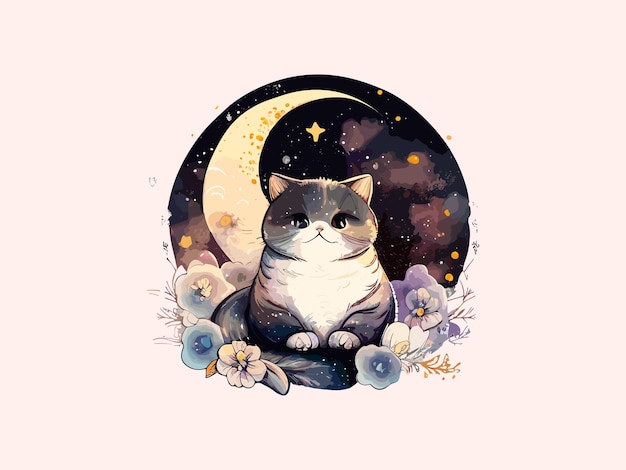 Cute Cat Vector illustration decorated with flowers in cosmic background