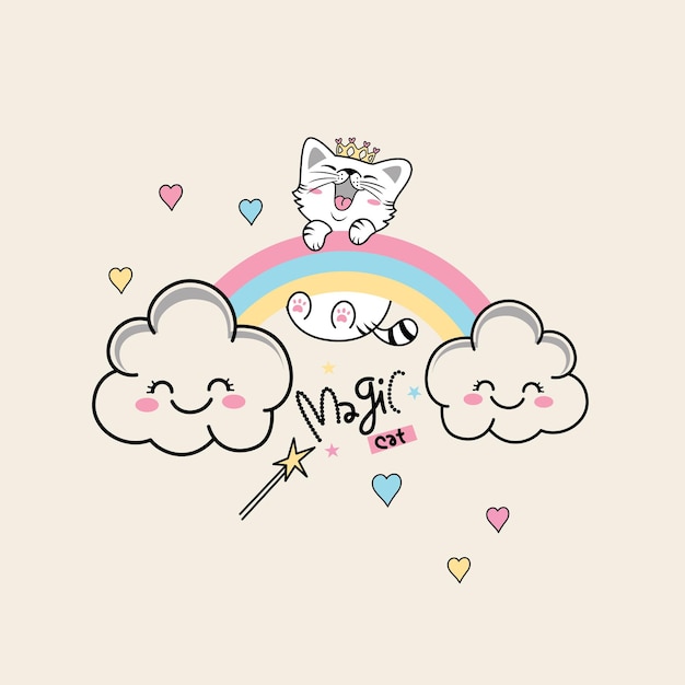 cute cat vector illustration with beautiful cloud and rainbow