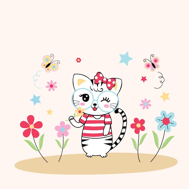 Cute cat vector illustration with beautiful flowers