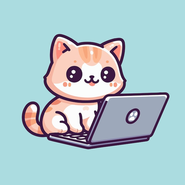 Cute cat watching laptop cartoon Vector