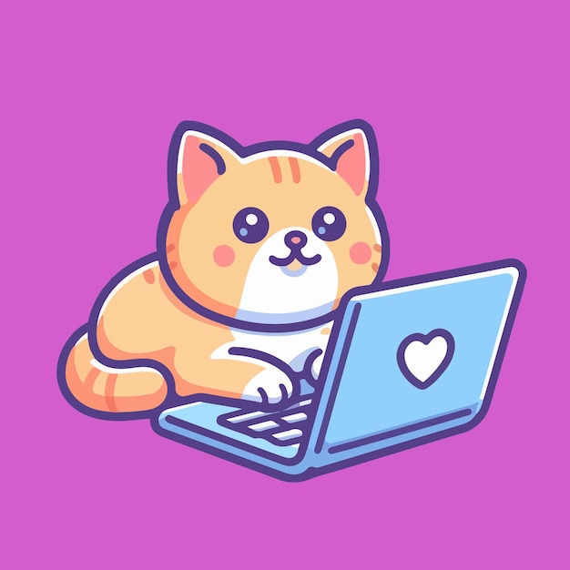 Cute cat watching laptop cartoon Vector