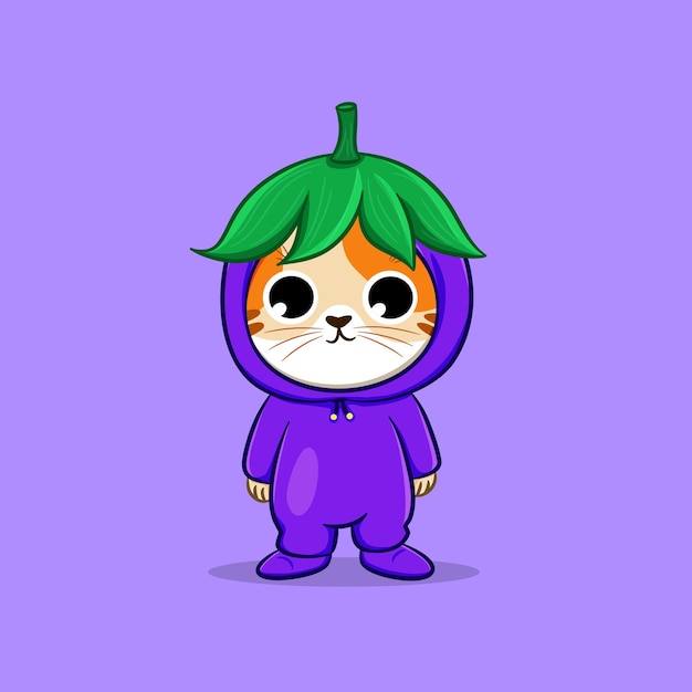 Cute cat wearing eggplant costume cartoon vector icon illustration