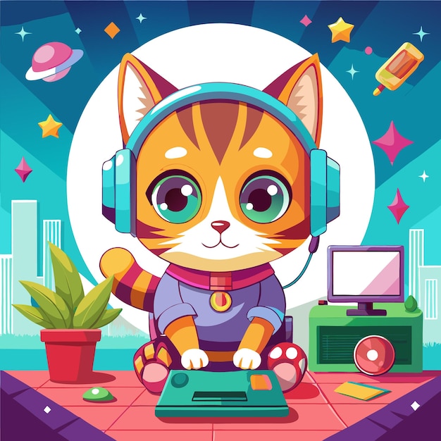 A cute cat wearing headphones plays video games on a retro console in a colorful room