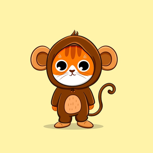 Cute cat wearing monkey costume cartoon vector icon illustration