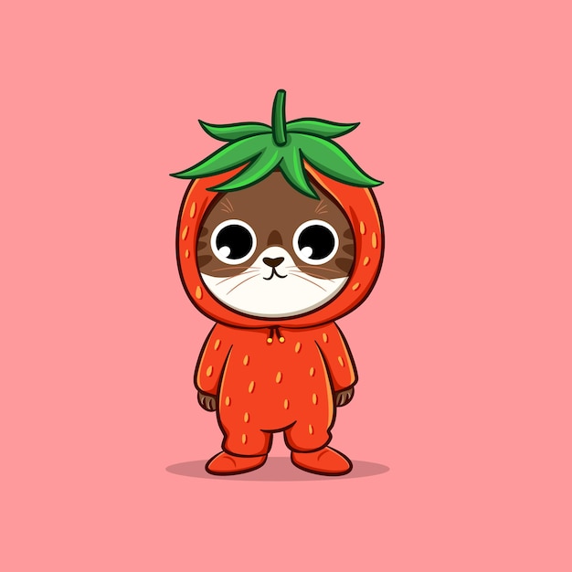 Cute cat wearing strawberry costume cartoon vector icon illustration