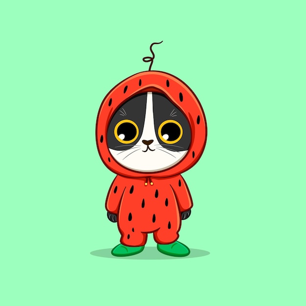 Cute cat wearing watermelon costume cartoon vector icon illustration