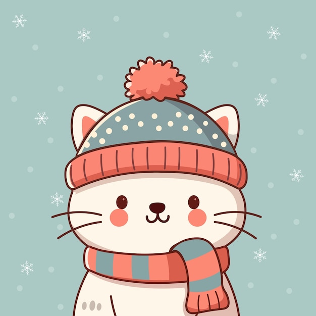 cute cat wearing winter hat and scarf with snowing background