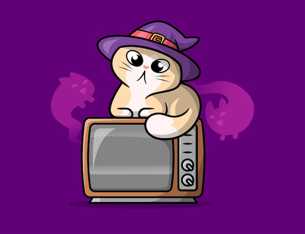 A CUTE CAT WITCH IS SITTING ON A BROKEN TV