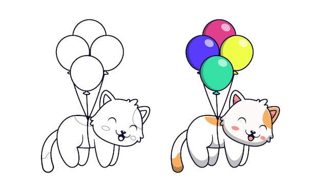 Cute cat with balloon cartoon coloring pages for kids