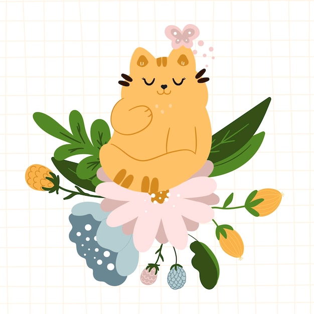 Cute cat with a butterfly in flowers on a checkered background Flat cartoon style for baby shower baby store books