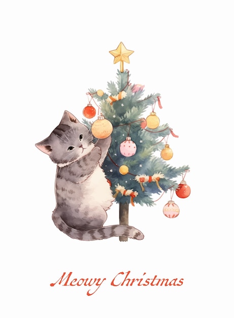 Cute cat with Christmas tree on white background