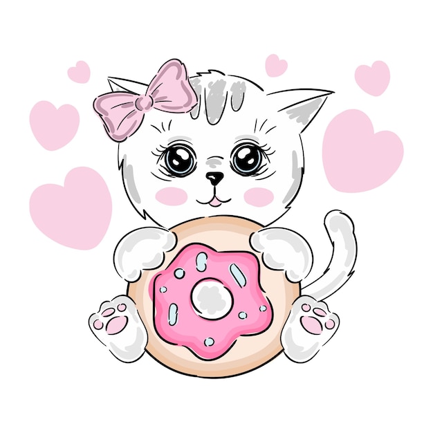 Cute cat with donut vector illustration print design kitten children print on tshirt girl