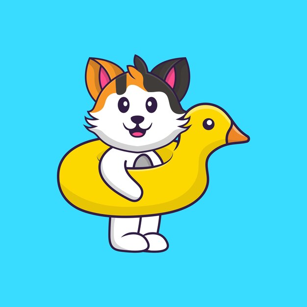 Vector cute cat with duck buoy. animal cartoon concept isolated. flat cartoon style