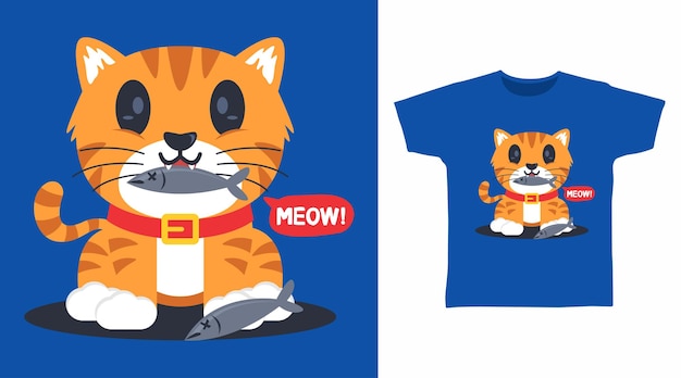 Cute cat with fish tee design concept