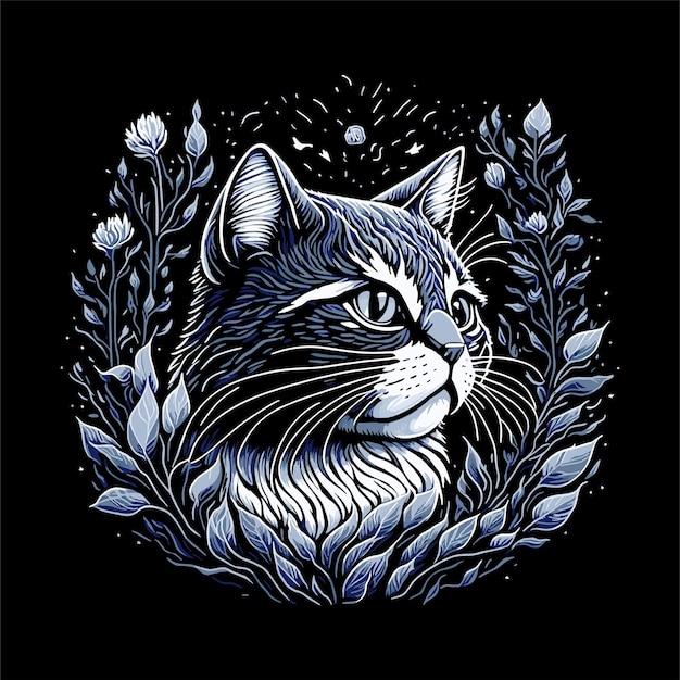 cute cat with floral ornament illustration