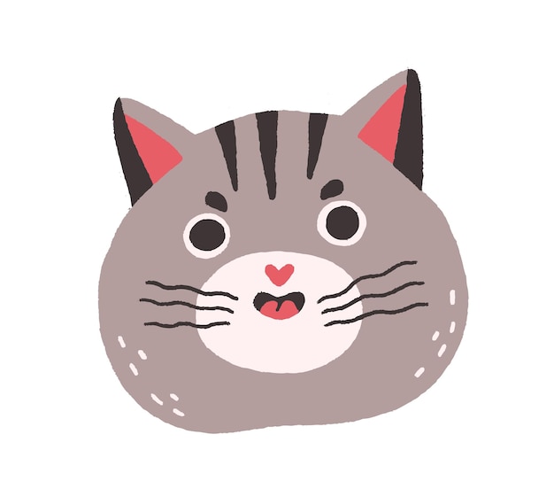 Cute cat with funny angry face meowing. Chubby head of fluffy feline animal. Amusing kitty's muzzle with open mouth and mustache in doodle style. Flat vector illustration isolated on white background.