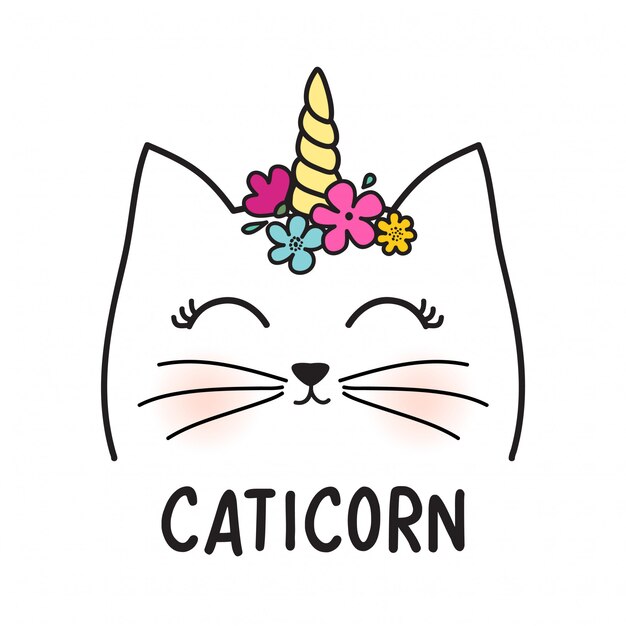 Vector cute cat with horn and flowers