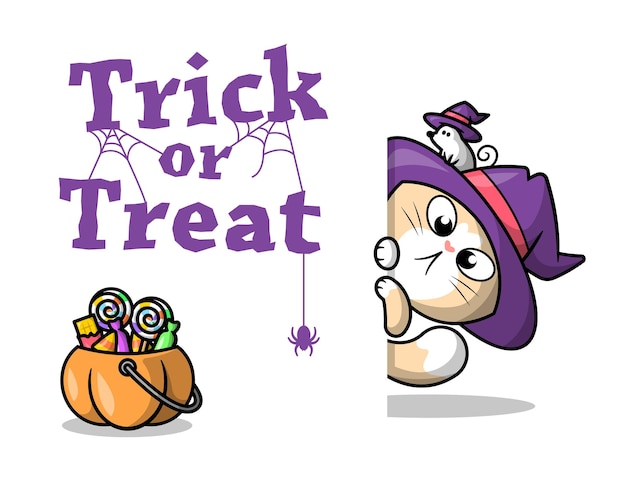 A CUTE CAT WITH A MOUSE IS PEEKING A BUCKET OF CANDY HALLOWEEN BACKGROUND