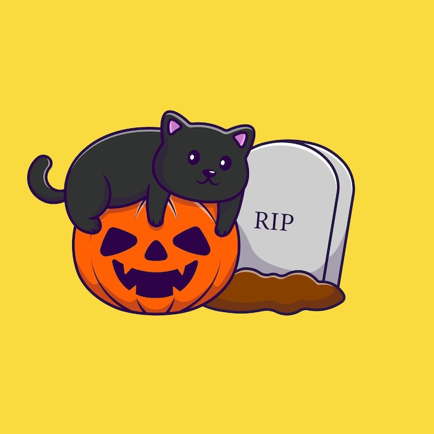 Cute Cat With Pumpkin Halloween And Brave Cartoon Vector Icons Illustration