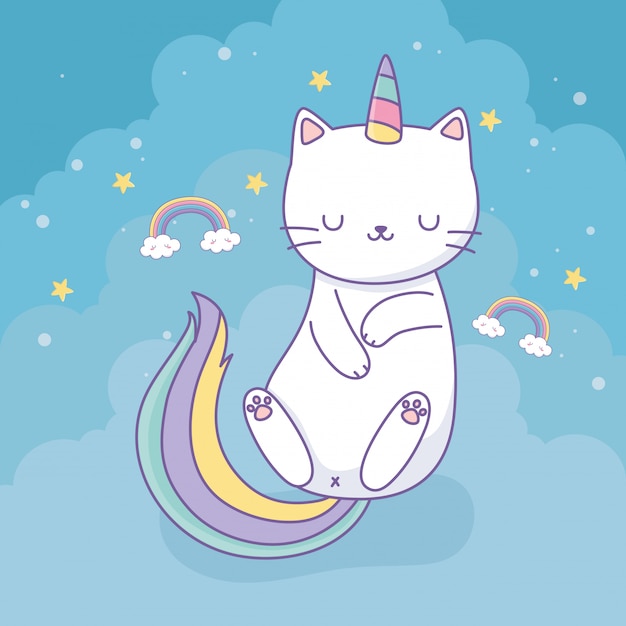 Cute cat with rainbow tail kawaii character