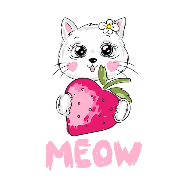 Cute cat with strawberry vector design Children illustration for School copy note books Meow slogan Animal print