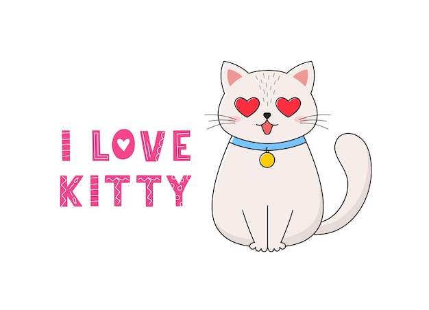 Cute cat with text I love kitty Poster tshirt design Vector illustration