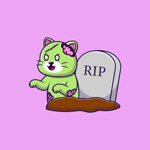 Cute Cat Zombie From Grave Cartoon Vector Icons Illustration