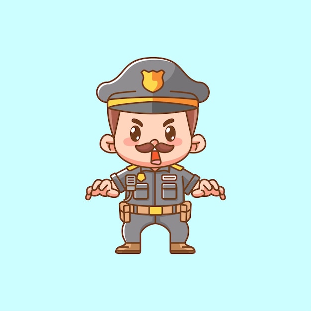 Cute catch police officer uniform kawaii chibi character mascot illustration outline style design