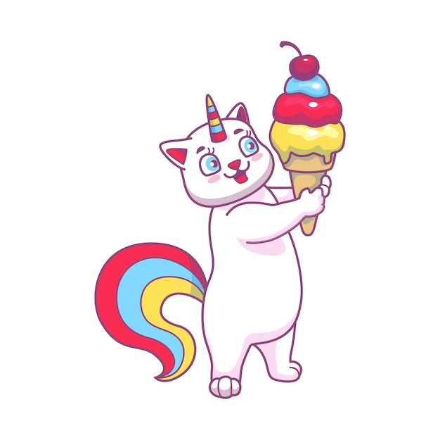 Vector cute caticorn character with ice cream dessert