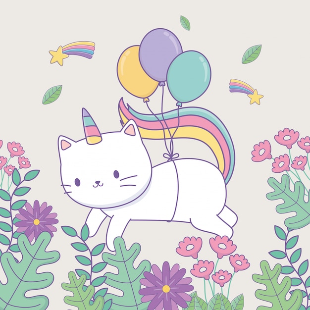 Vector cute caticorn with floral decoration and balloons helium